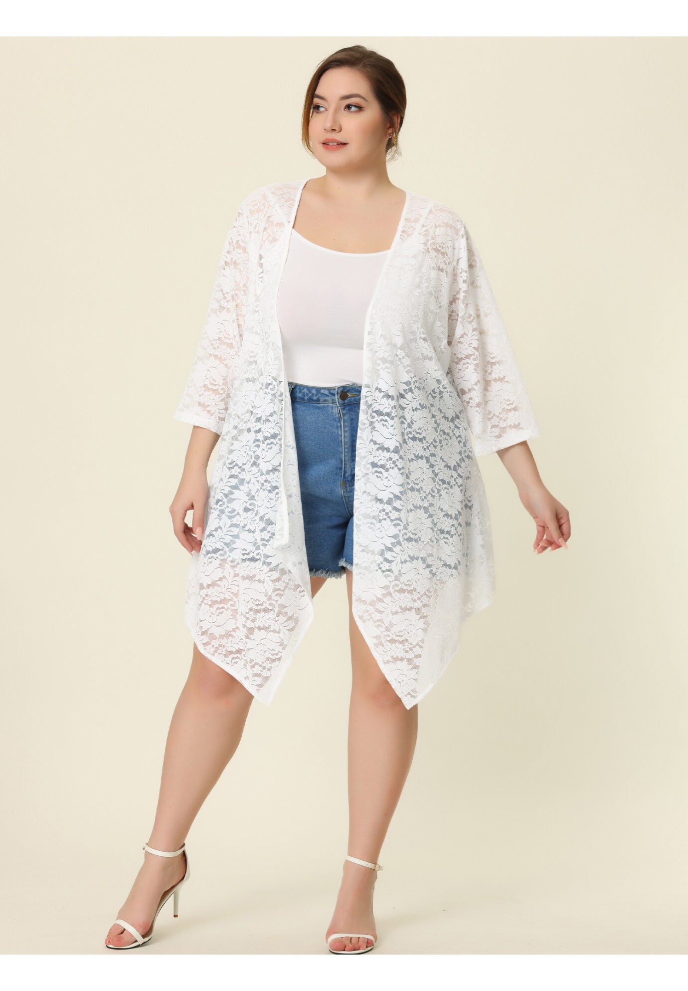 OPEN FRONT 3/4 SLEEVES CROCHET CARDIGAN COVER UP, White / White, alternate image number 2