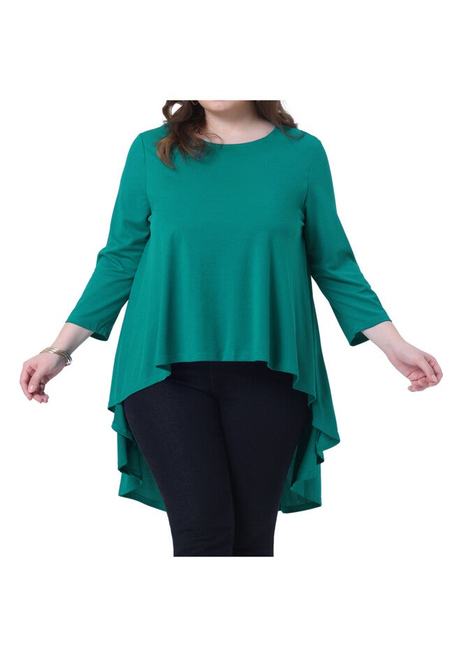 3/4 Sleeve Crew Neck Asymmetrical Hem Tunic Shirt, Green / Teal, alternate image number 2