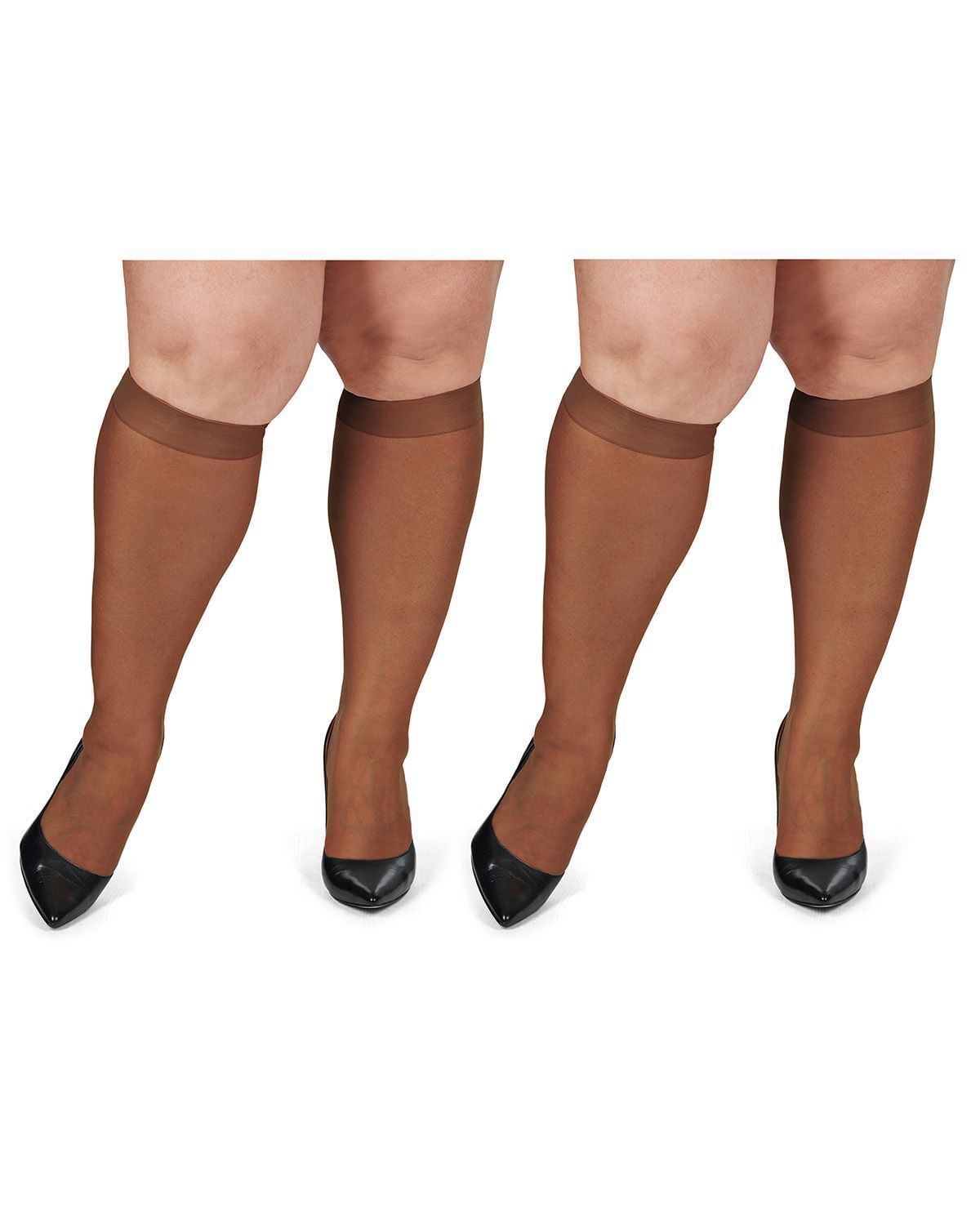 Silky Sheer Plus Size Curvy Knee High Stockings 2 Pack, French Coffee / Mocha, alternate image number 1