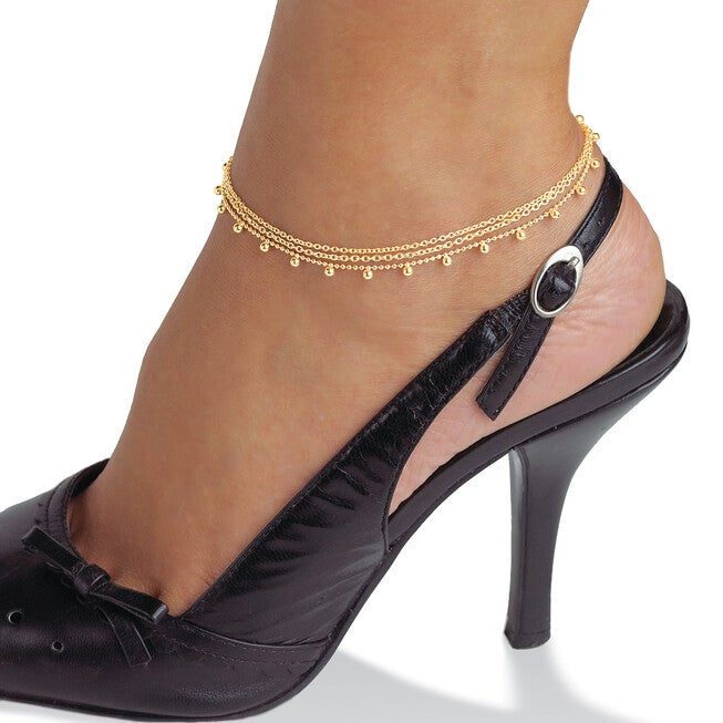 Triple-Strand Beaded Ankle Bracelet in Gold-Plated Sterling Silver, , alternate image number null