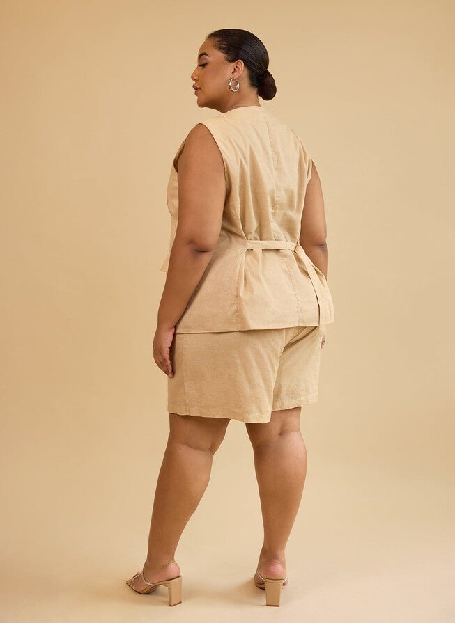 SIOBHAN LINEN WIDE LEG SHORTS WITH POCKETS - BEIGE, Beige / Beige, alternate image number 2