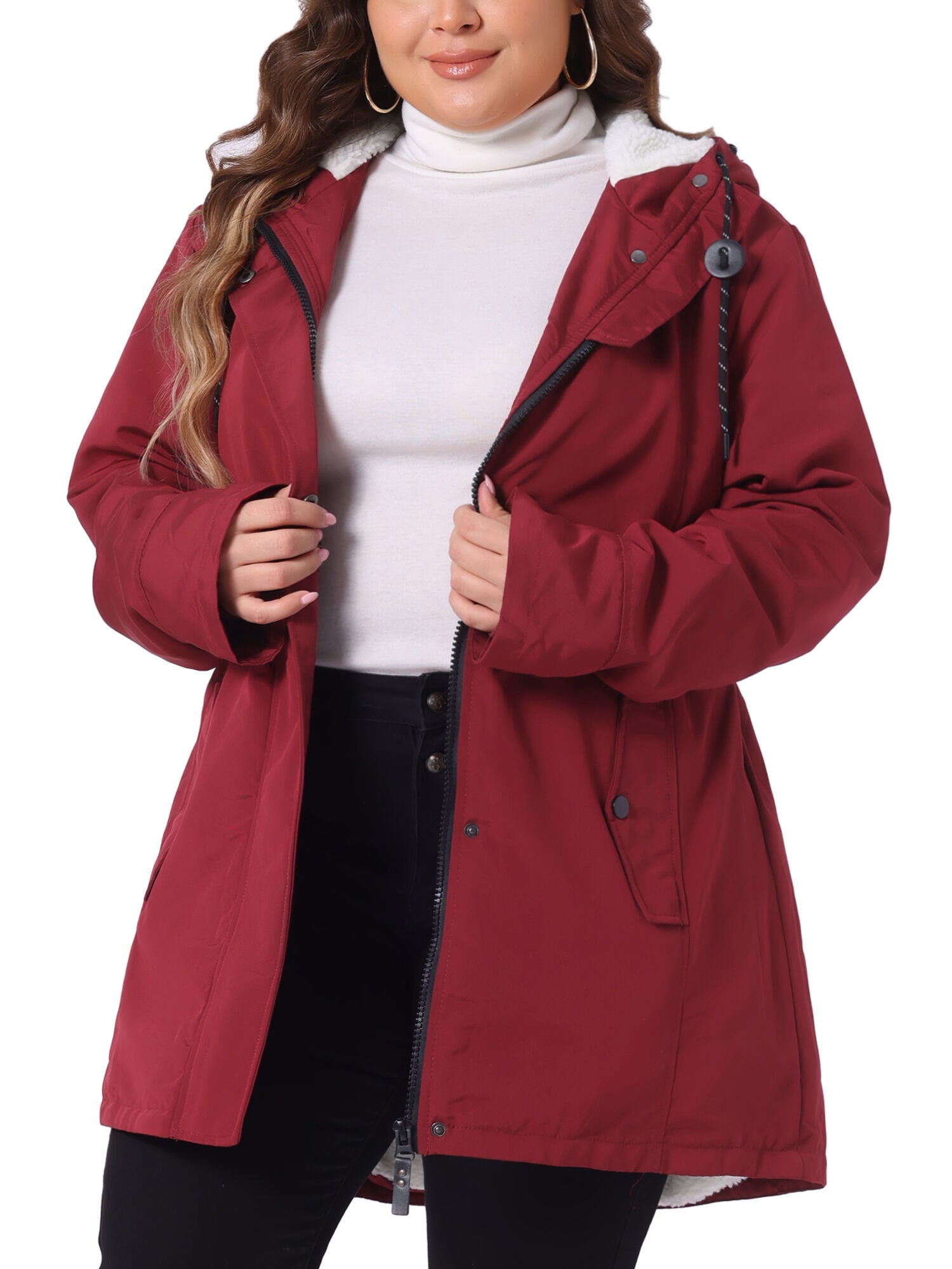 Faux Lamb Fur Leather Button Down Hoodie Parka Coat, Burgundy / Red, alternate image number 1