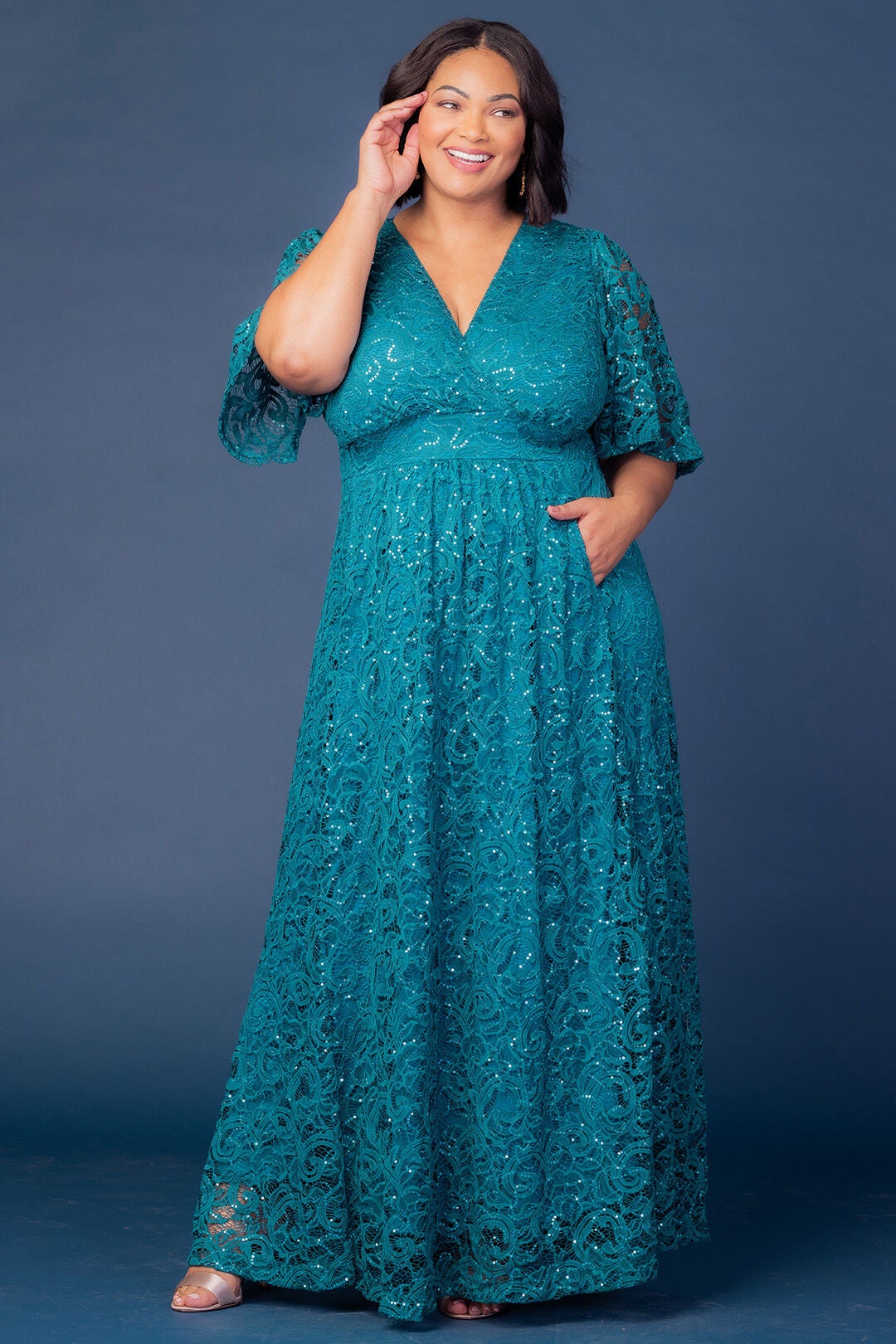 Luminous Sequin Lace Evening Gown, TEAL TOPAZ / Teal, alternate image number 5
