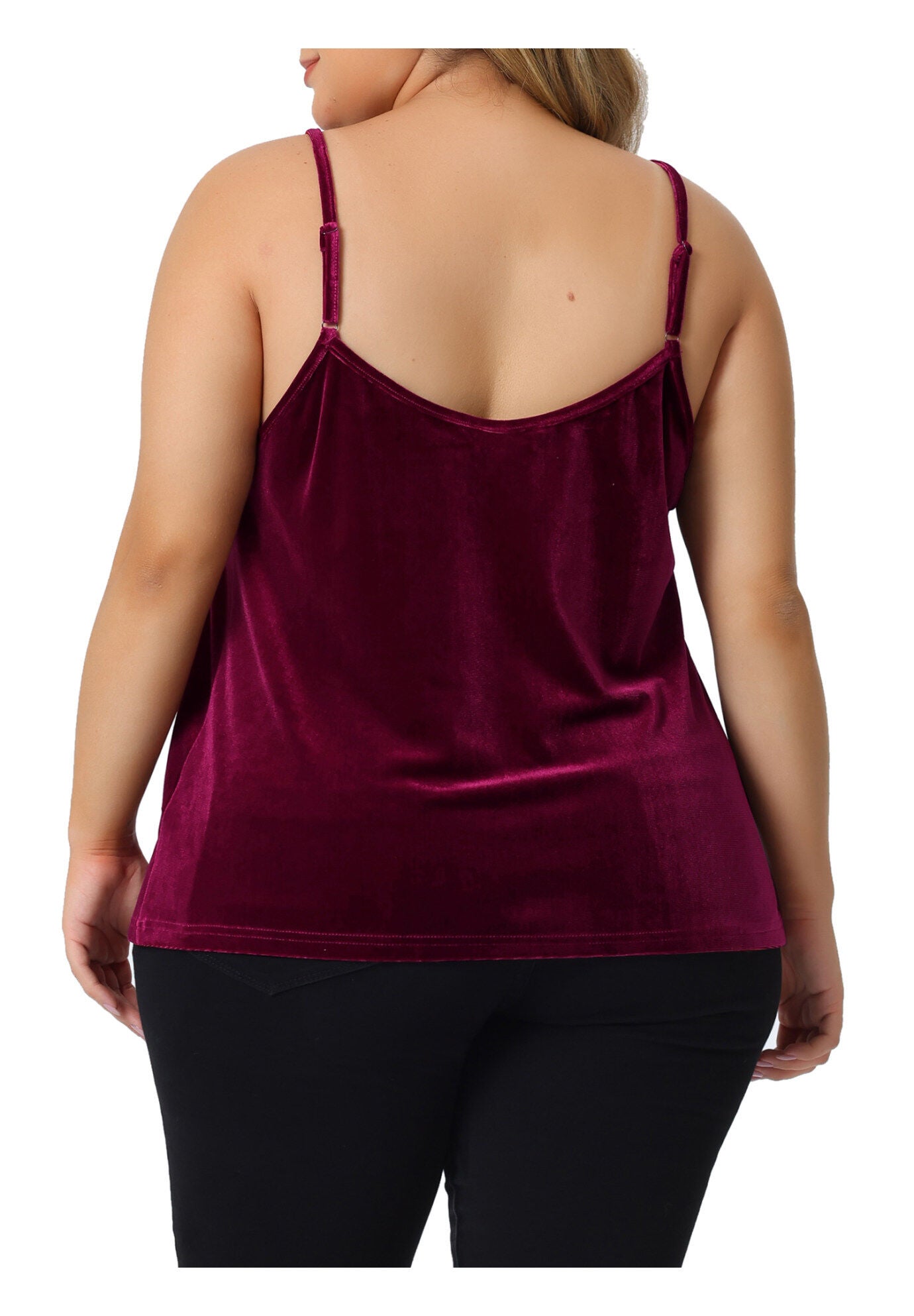 Criss Cross V Neck Spaghetti Strap Cami Velvet Tank Top, Burgundy / Red, alternate image number 3