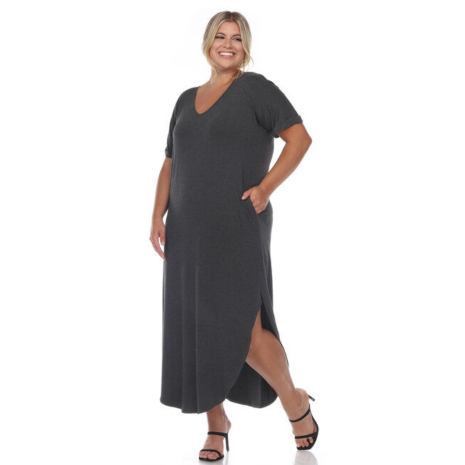 Short Sleeve V-neck Maxi Dress, Charcoal / Charcoal Grey, alternate image number 3