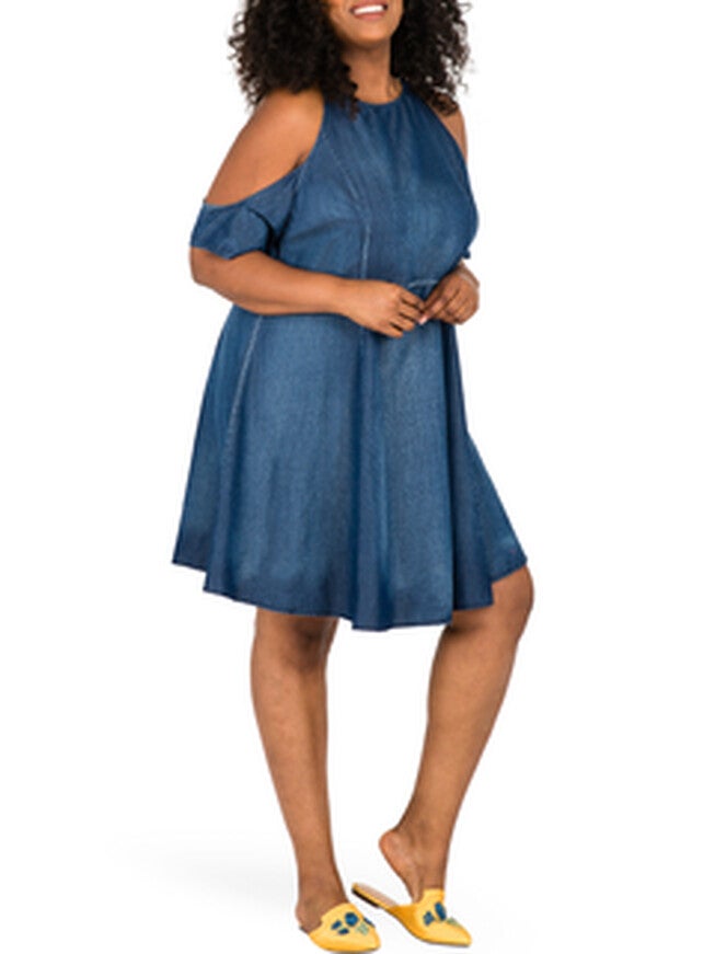 Lauren Cold Shoulder Flare Mini Tencel Dress, Blue / Dark Wash, alternate image number null