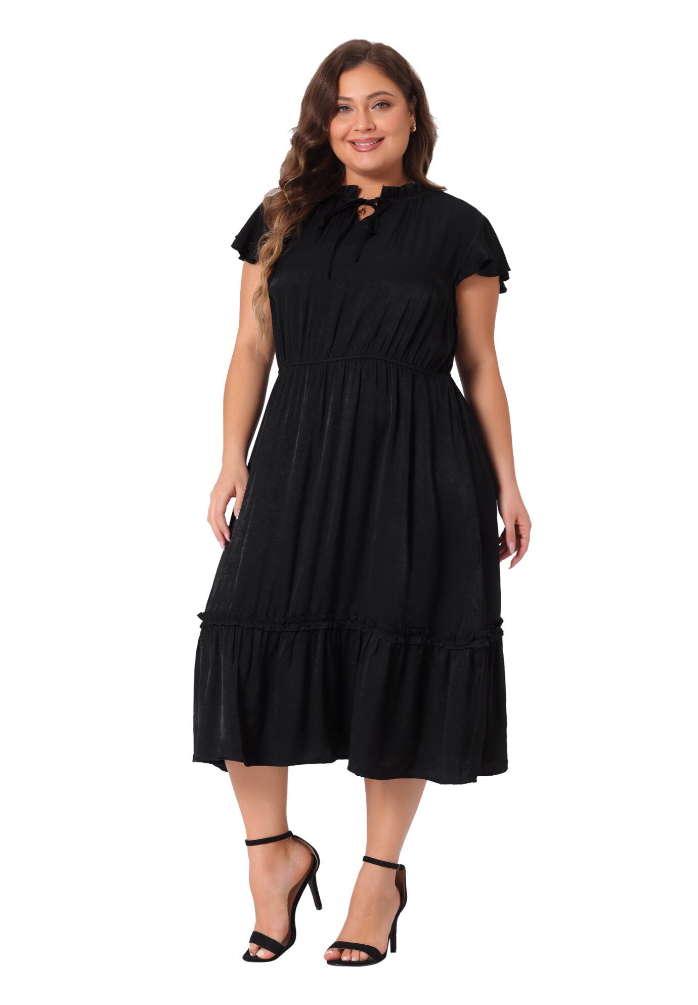 Summer Bow Tie Neck Ruffle Cap Sleeve A Line Midi Dress, Black / Black, hi-res image number 0