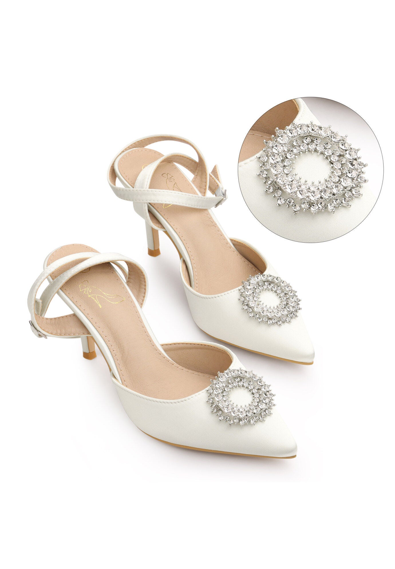 Rhinestones Ankle Strap Stiletto Heel Pumps, White / White, alternate image number 1