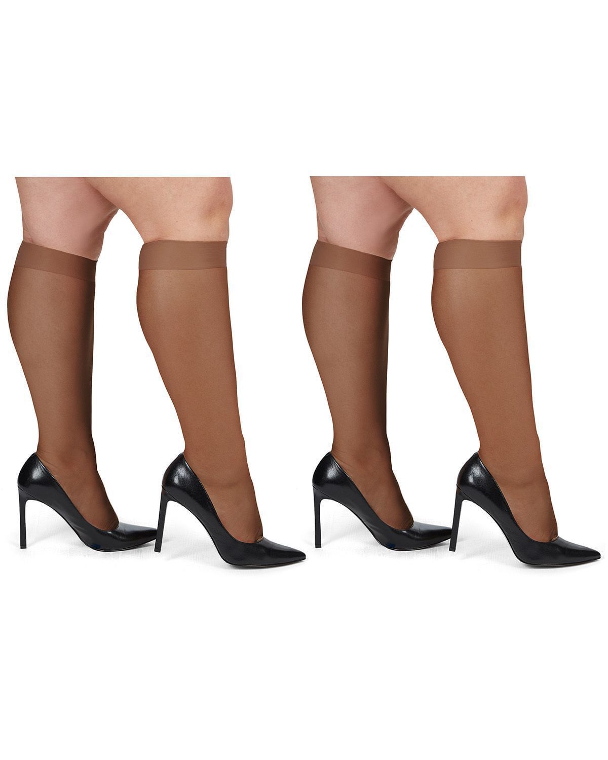 Silky Sheer Plus Size Curvy Knee High Stockings 2 Pack, Utopia / Bronze, hi-res image number 0