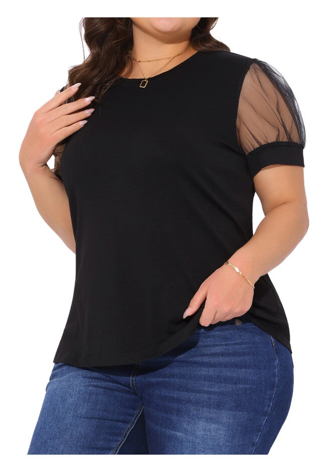 Mesh Short Sleeve Summer Blouse Top, Black / Black, alternate image number 1
