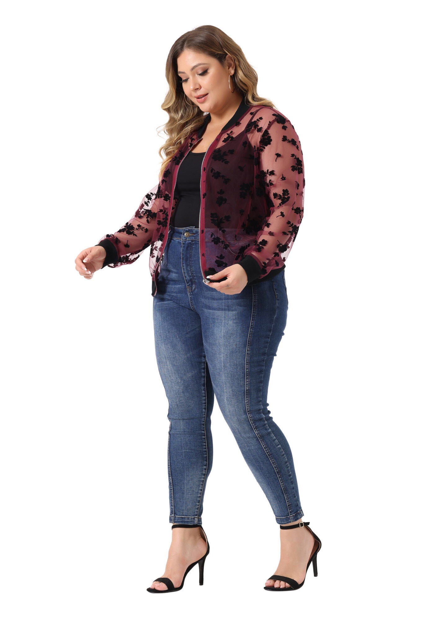 SHEER FLORAL LACE LONG SLEEVE BASEBALL JACKET, , hi-res image number 0