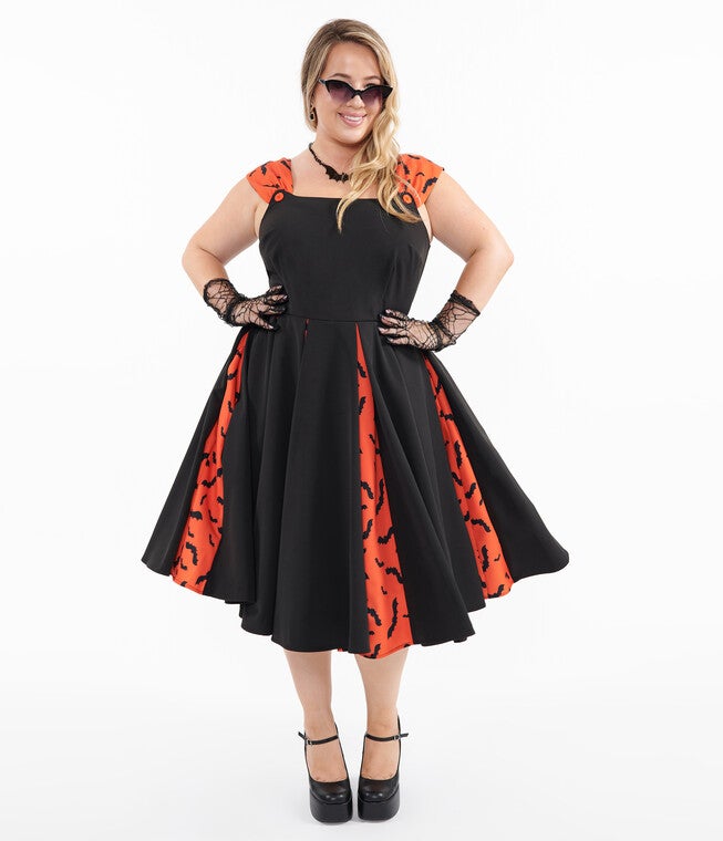 1950s Orange & Black Bat Stripe Swing Dress, Orange Black Bat Stripe / Black, alternate image number 2