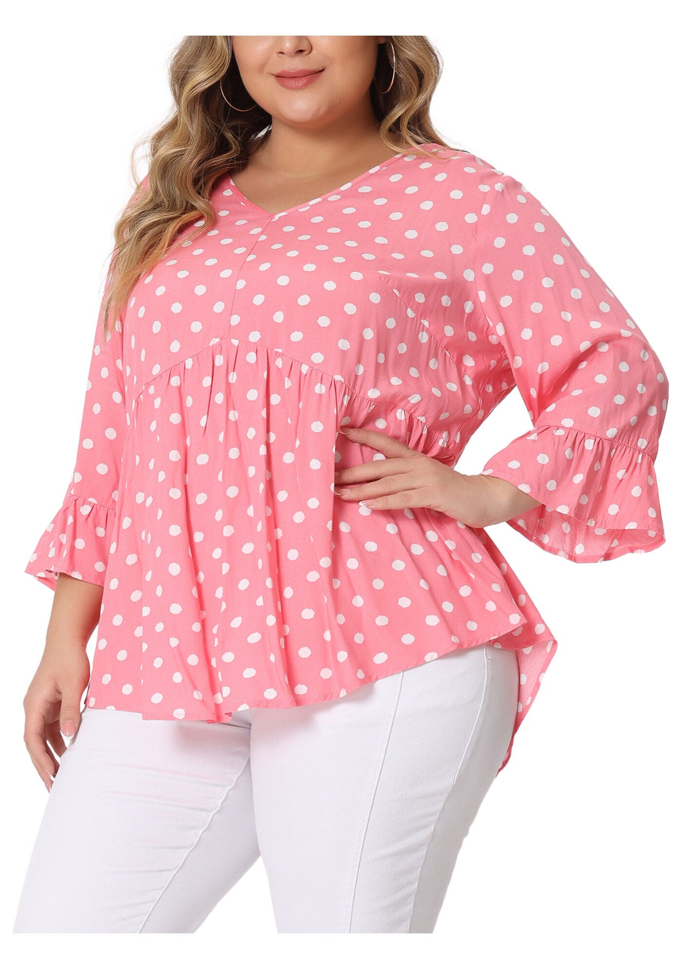 Polka Dots Blouse 3/4 Ruffle Sleeve Peplum Top, Pink / Pink, alternate image number 3
