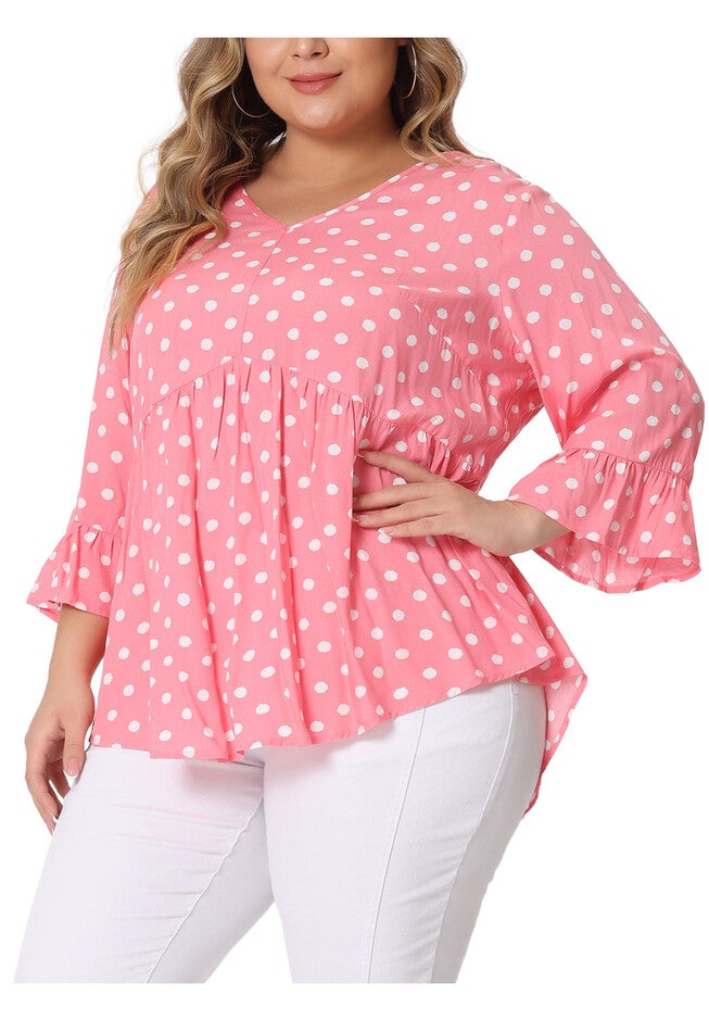 Polka Dots Blouse 3/4 Ruffle Sleeve Peplum Top, Pink / Pink, alternate image number 3