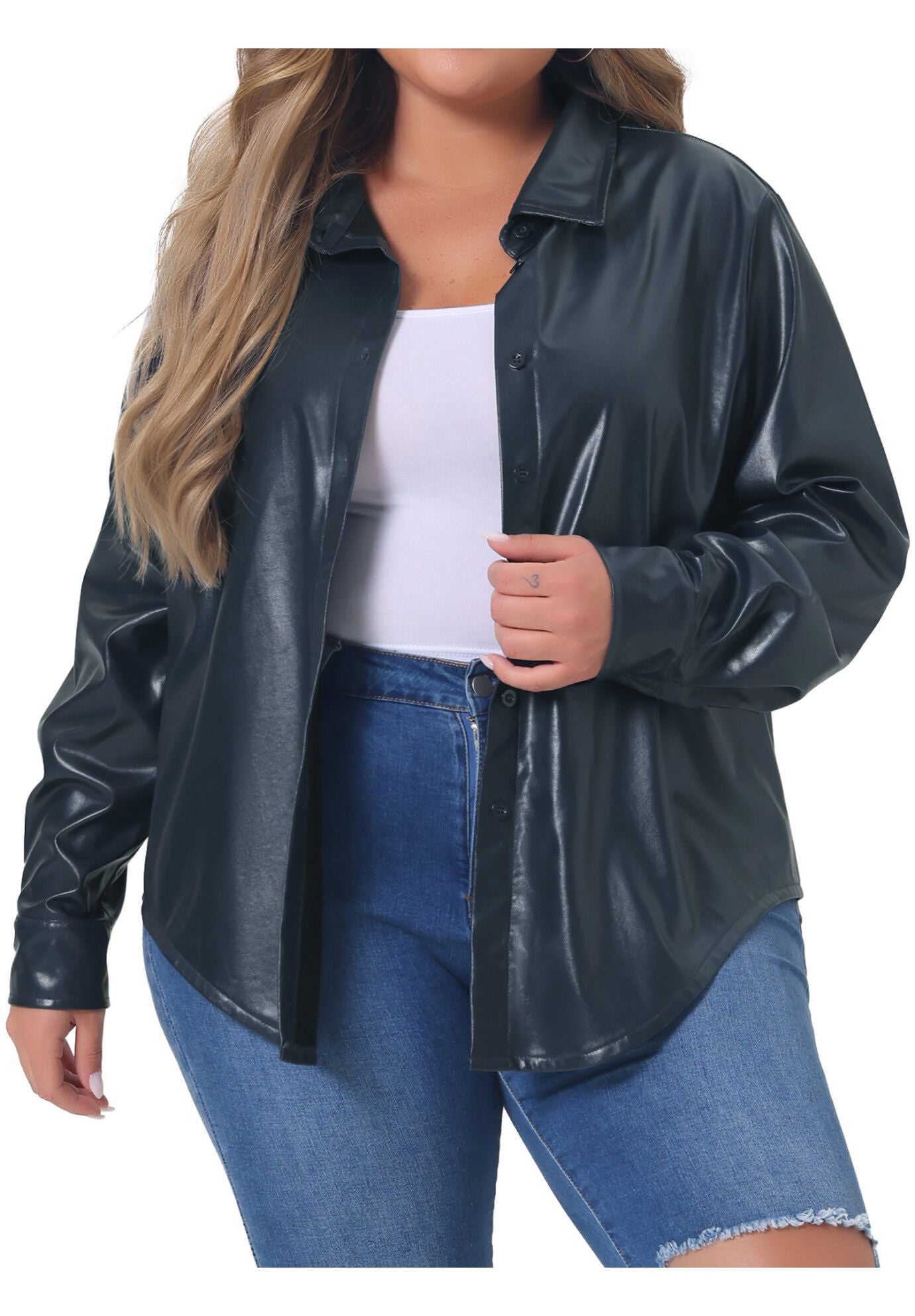 FAUX LEATHER JACKET SHACKET BUTTON DOWN SHIRT, Dark Blue / Navy, alternate image number 2