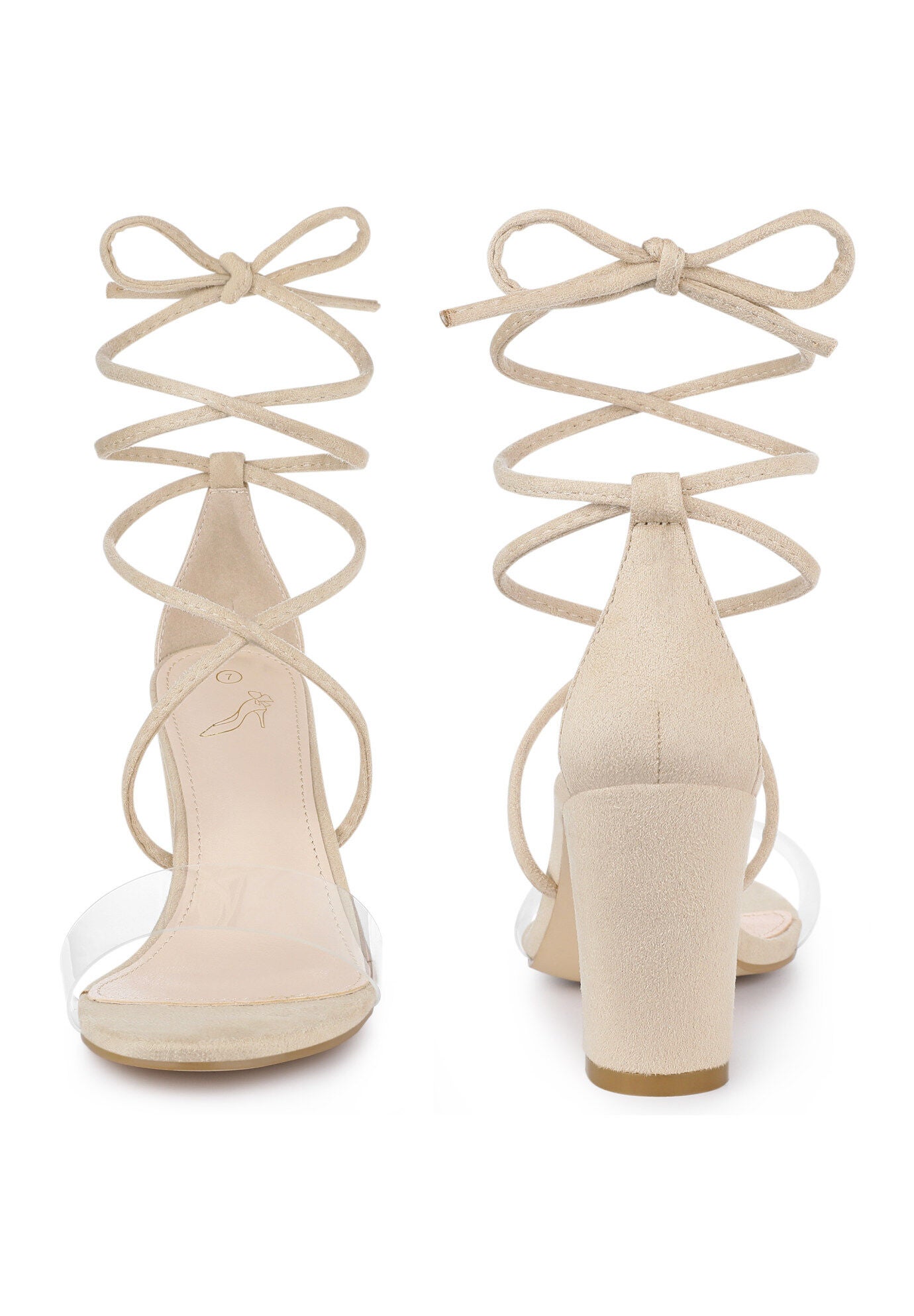 Lace Up Clear Strap Strappy Chunky Heel Sandals, Beige / Beige, alternate image number 2