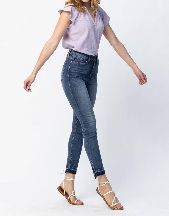 HIGH WAIST SKINNY RELEASED HEM AND SIDE SLIT, Med Wash / Medium Wash, hi-res image number null