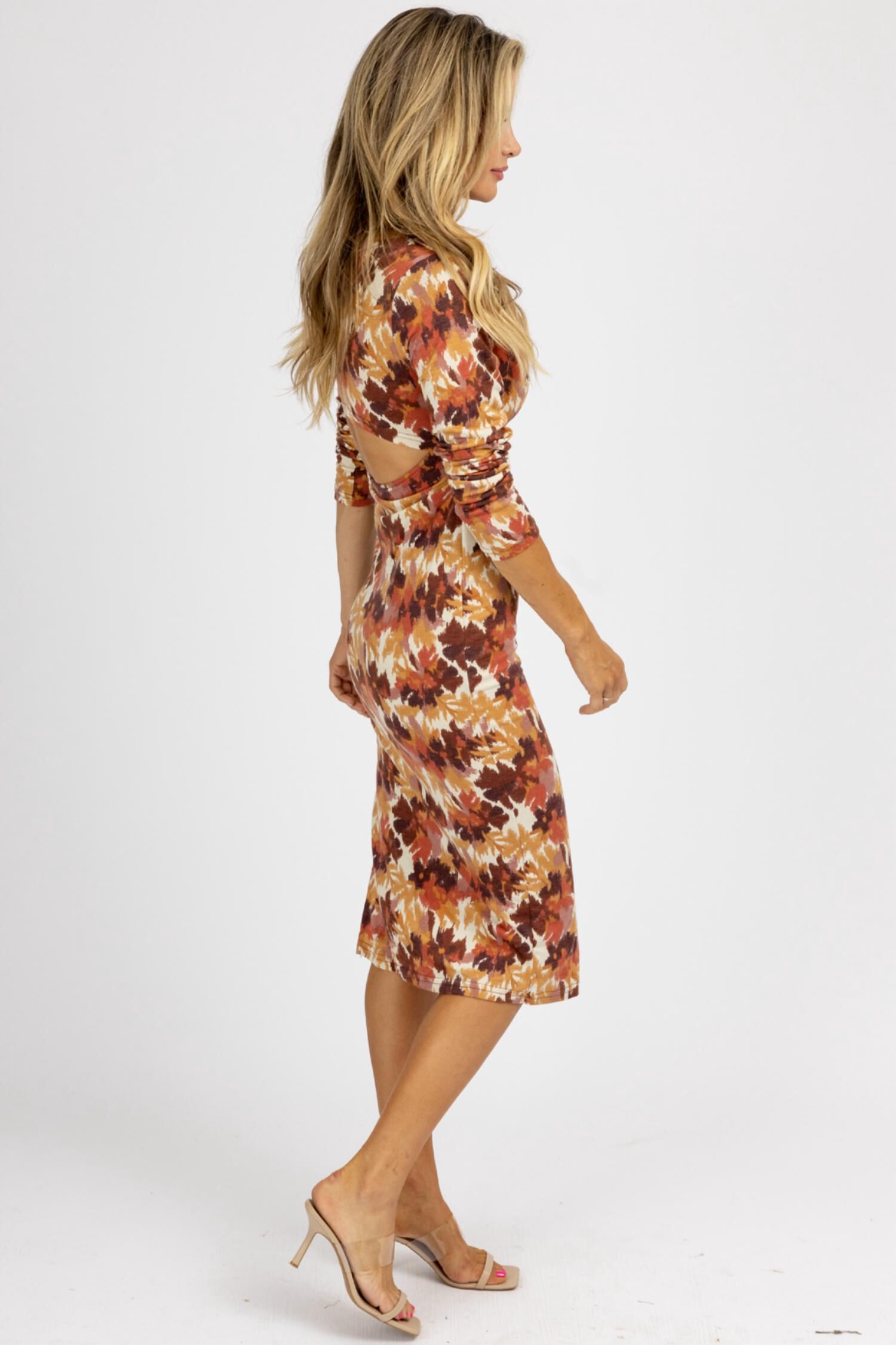 ECRU FRONT TWIST MIDI DRESS IN BROWN, Brown / Brown, alternate image number 4