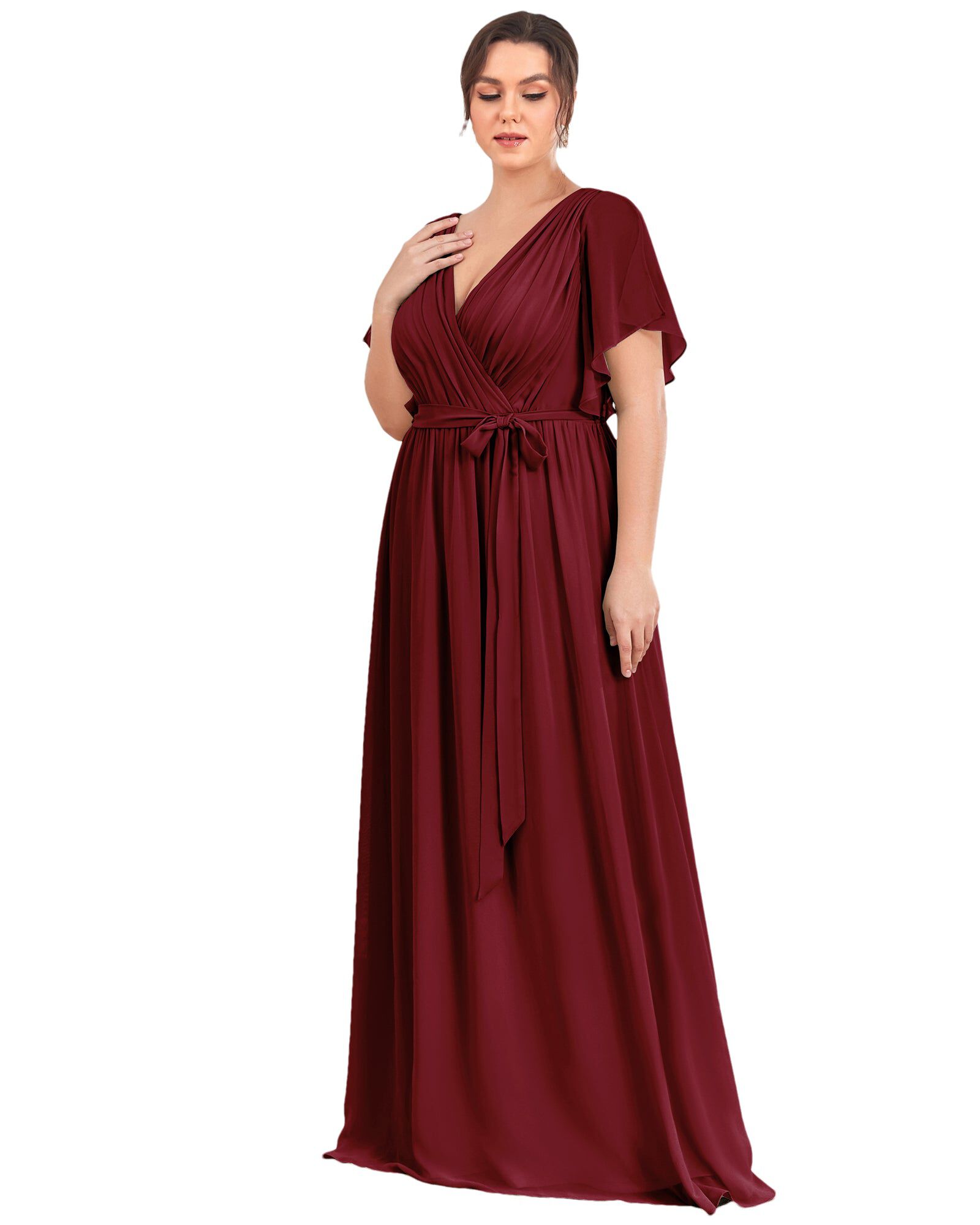 A-Line Pleated Chiffon Tie-Waist Evening Dress, Burgundy / Burgundy, alternate image number 4