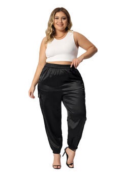 SATIN JOGGERS ELASTIC WAIST ATHLEISURE ANKLE LENGTH CARGO PANTS
