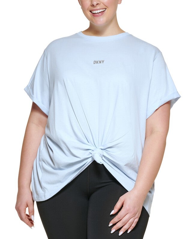 DKNY Women's Sport Plus Knot Front Metallic Logo T-Shirt Blue Size 3X, Blue / Navy, hi-res image number 0