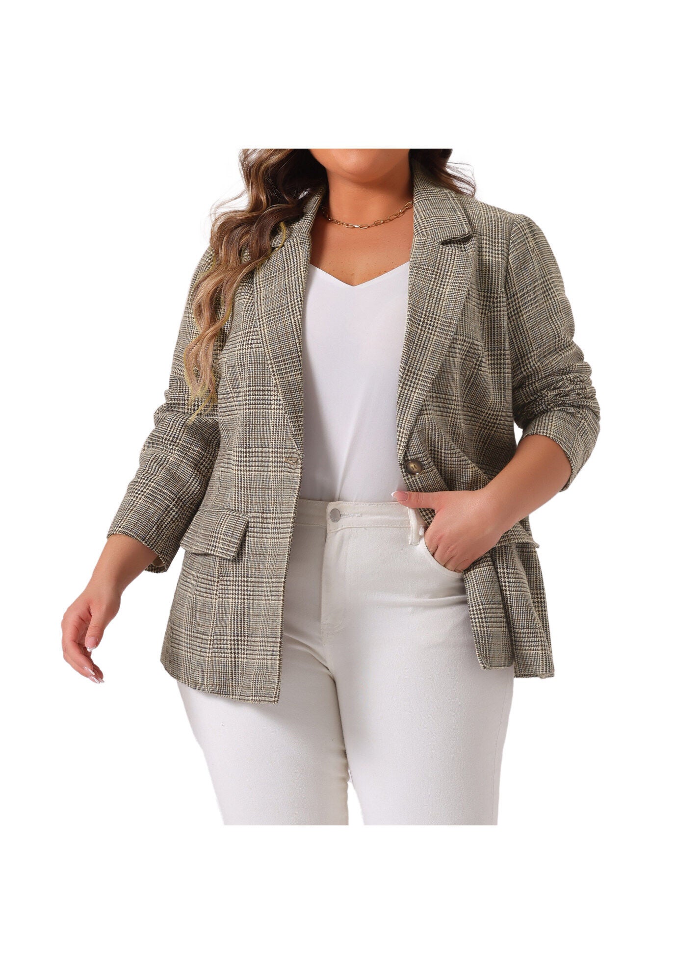 PLAID NOTCHED LAPEL CASUAL BLAZER, Brown / Brown, alternate image number 2