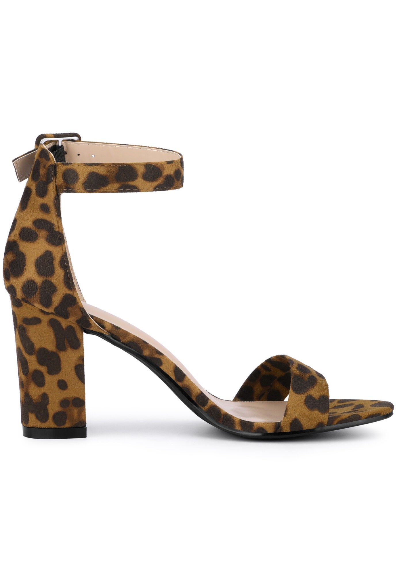 Open Toe Ankle Buckle Strap Block High Heel Sandals, Leopard / Brown, hi-res image number 0