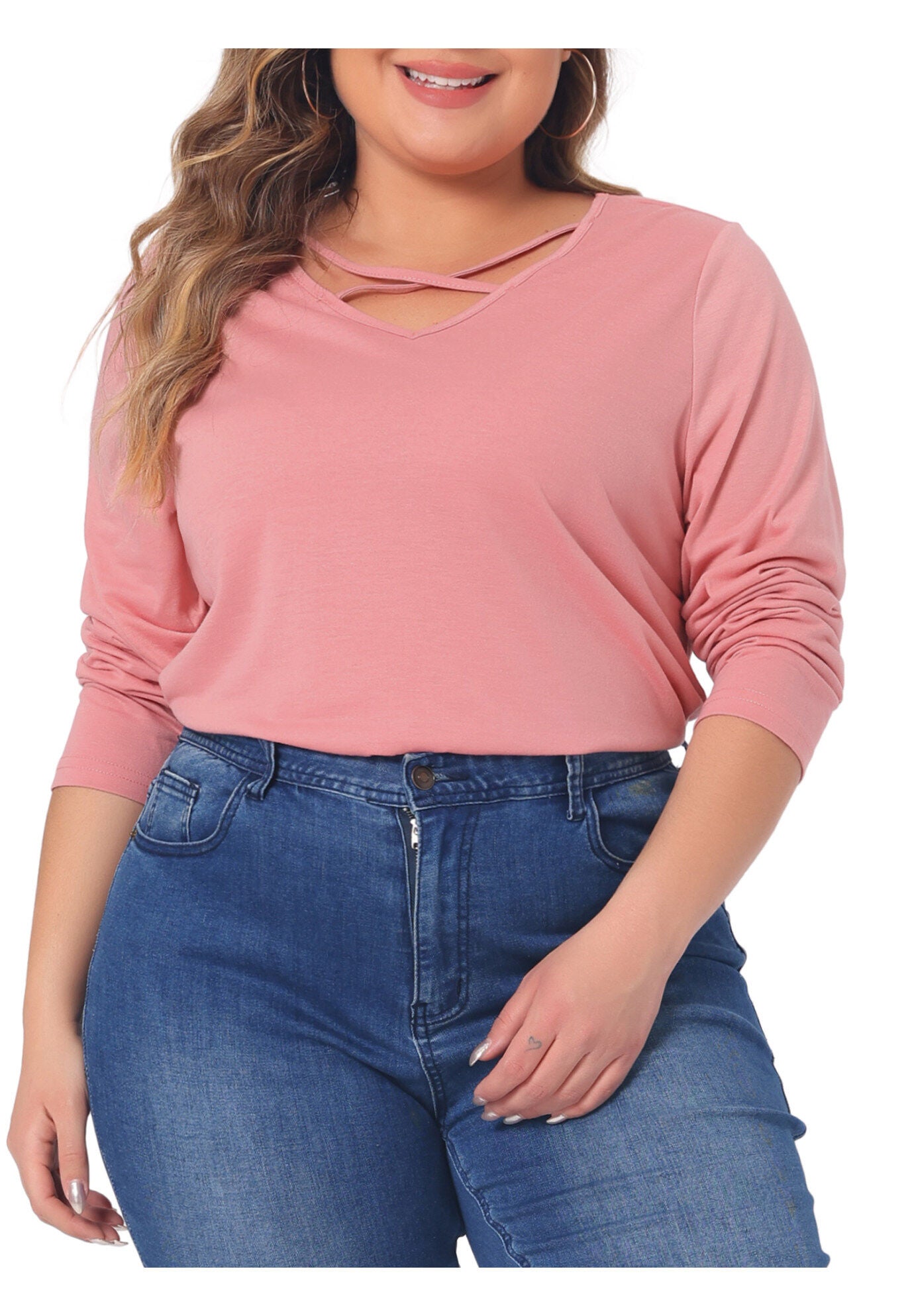 CROSS V NECK LONG SLEEVES T-SHIRT TOP, Pink / Pink, alternate image number 2