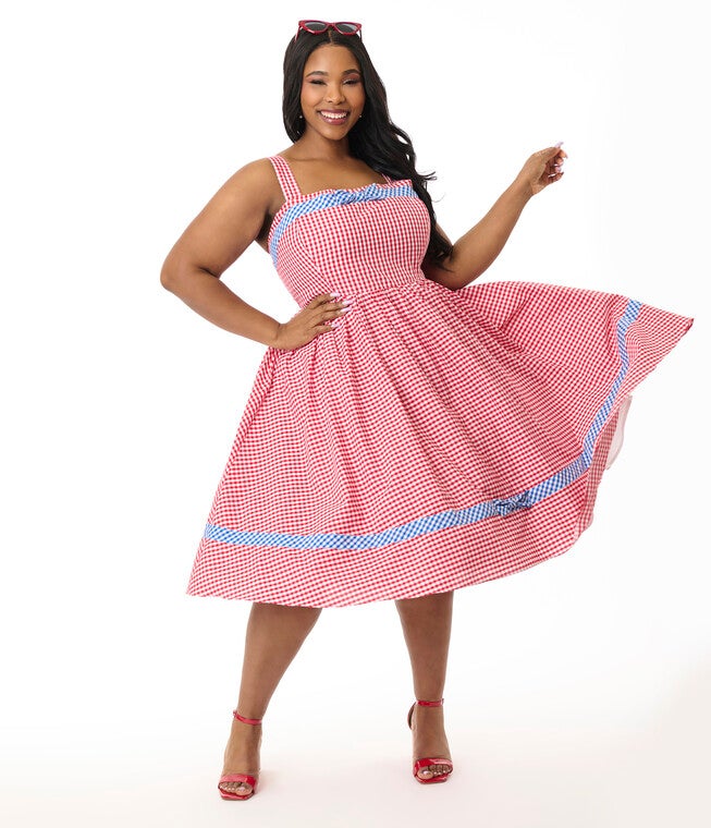Unique Vintage Plus Size Red & Blue Gingham Swing Dress, Red / Red, hi-res image number null