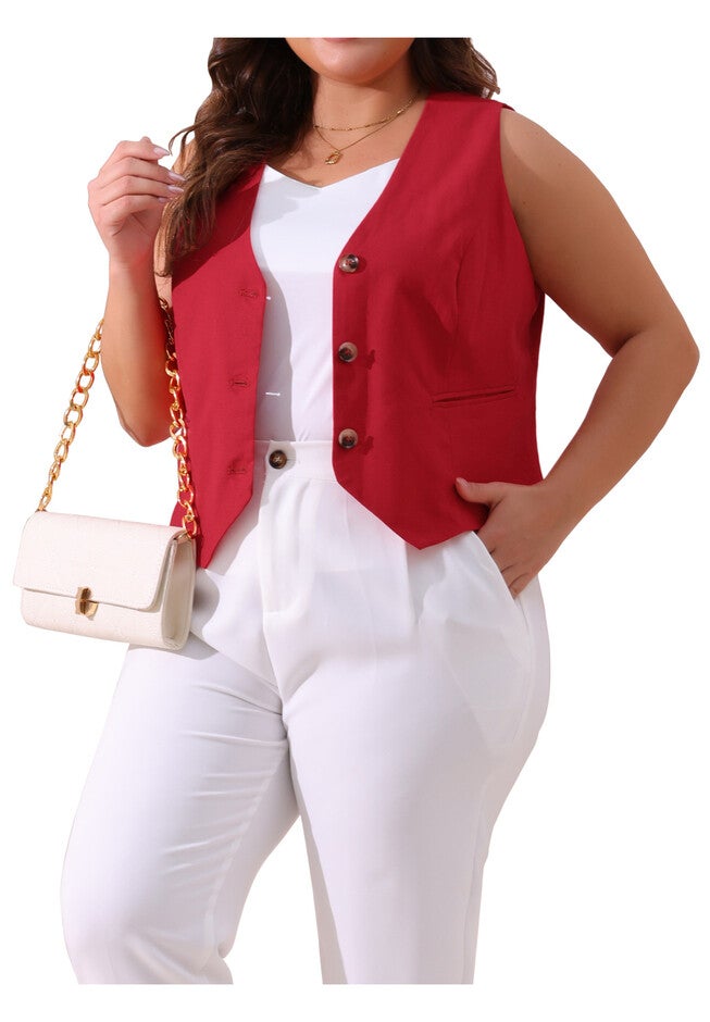 Linen Waistcoat Sleeveless Lined Vest Jacket, Red / Red, alternate image number 1