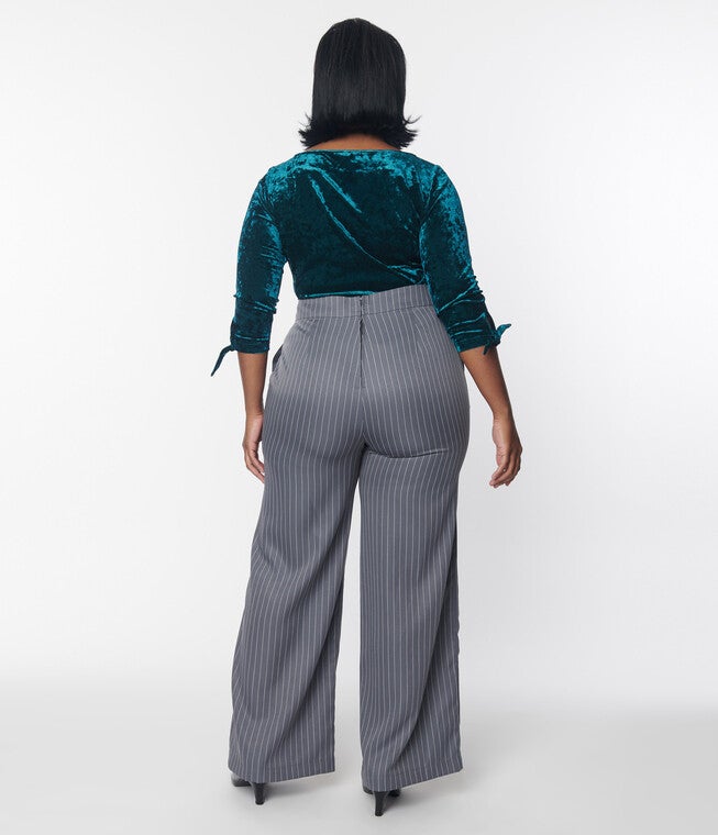 Unique Vintage Grey Pinstripe High Waist Pants, Grey Pinstripe / Cool Gray, alternate image number null