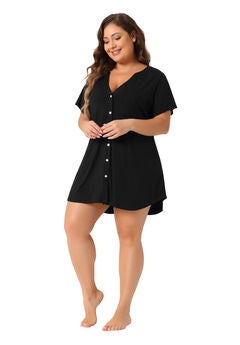Short Sleeve V Neck Button Down Pajamas Dress