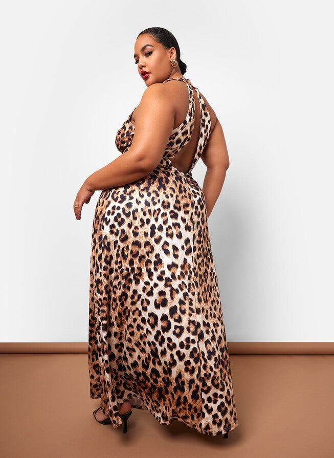 YASMEEN LEOPARD OPEN BACK MAXI SLIP DRESS, Brown / Brown, hi-res image number 0