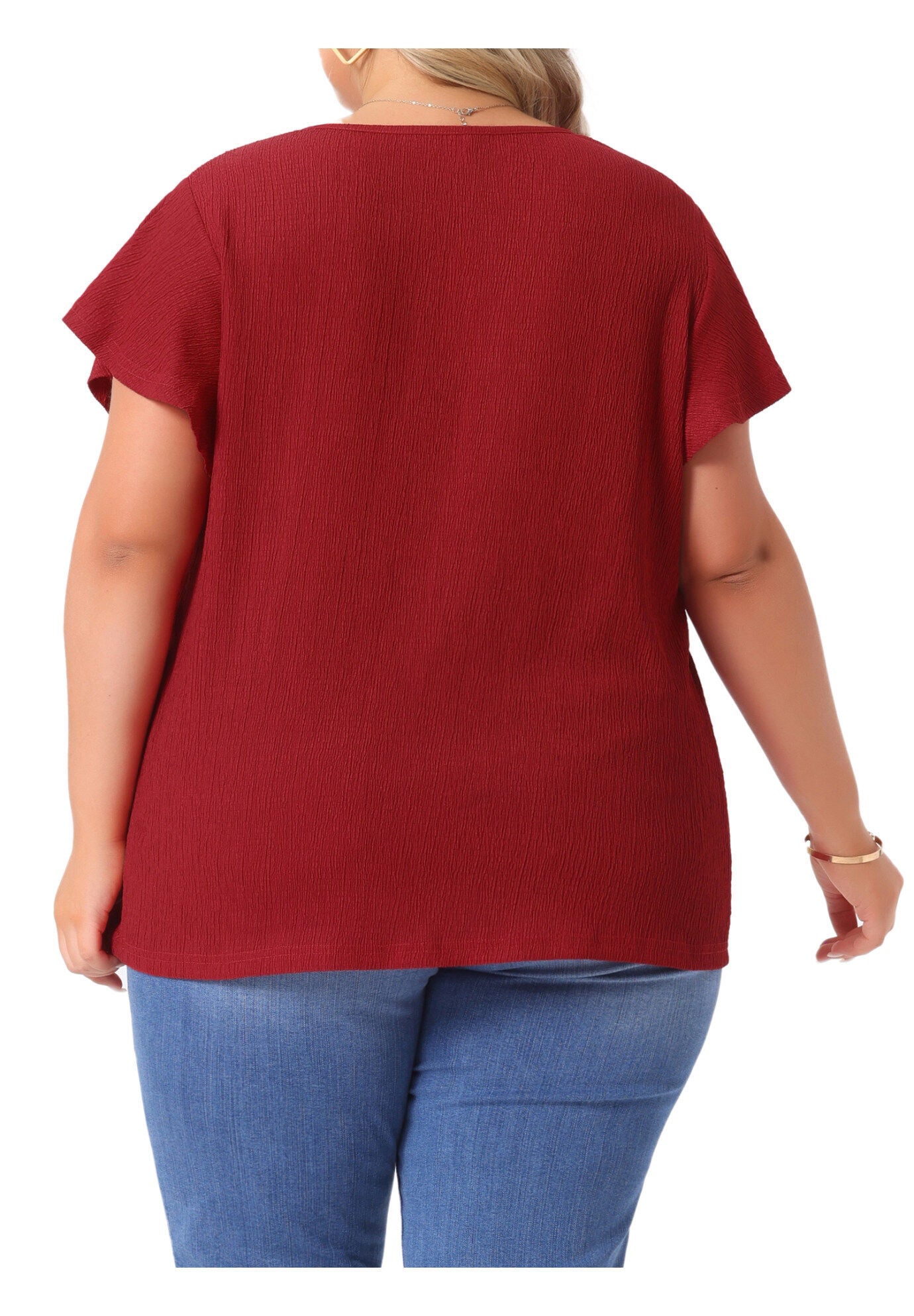 V Neck Ruffle Short Sleeve Summer Blouse, Red / Red, alternate image number 3
