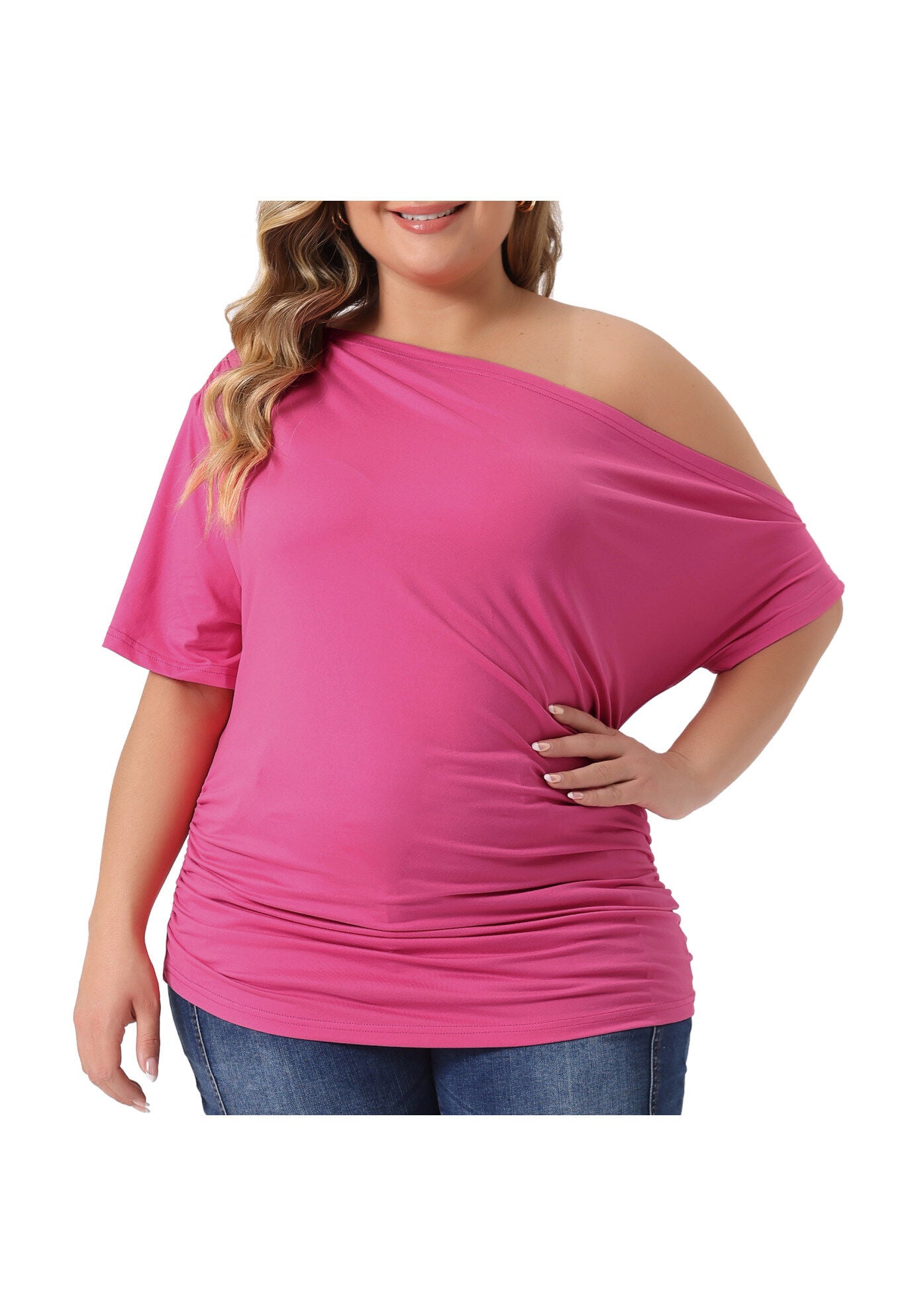 ONE SHOULDER SHORT SLEEVE RUCHED TOP, Hot Pink / Pink, alternate image number 2