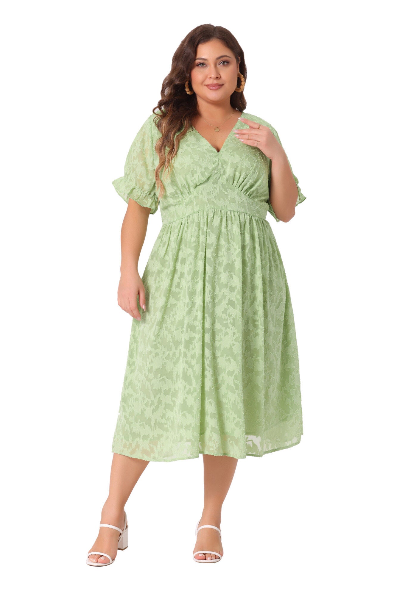 LACE FLORAL RUFFLE SHORT SLEEVE V NECK MIDI DRESS, Grass Green / Light Green, hi-res image number 0