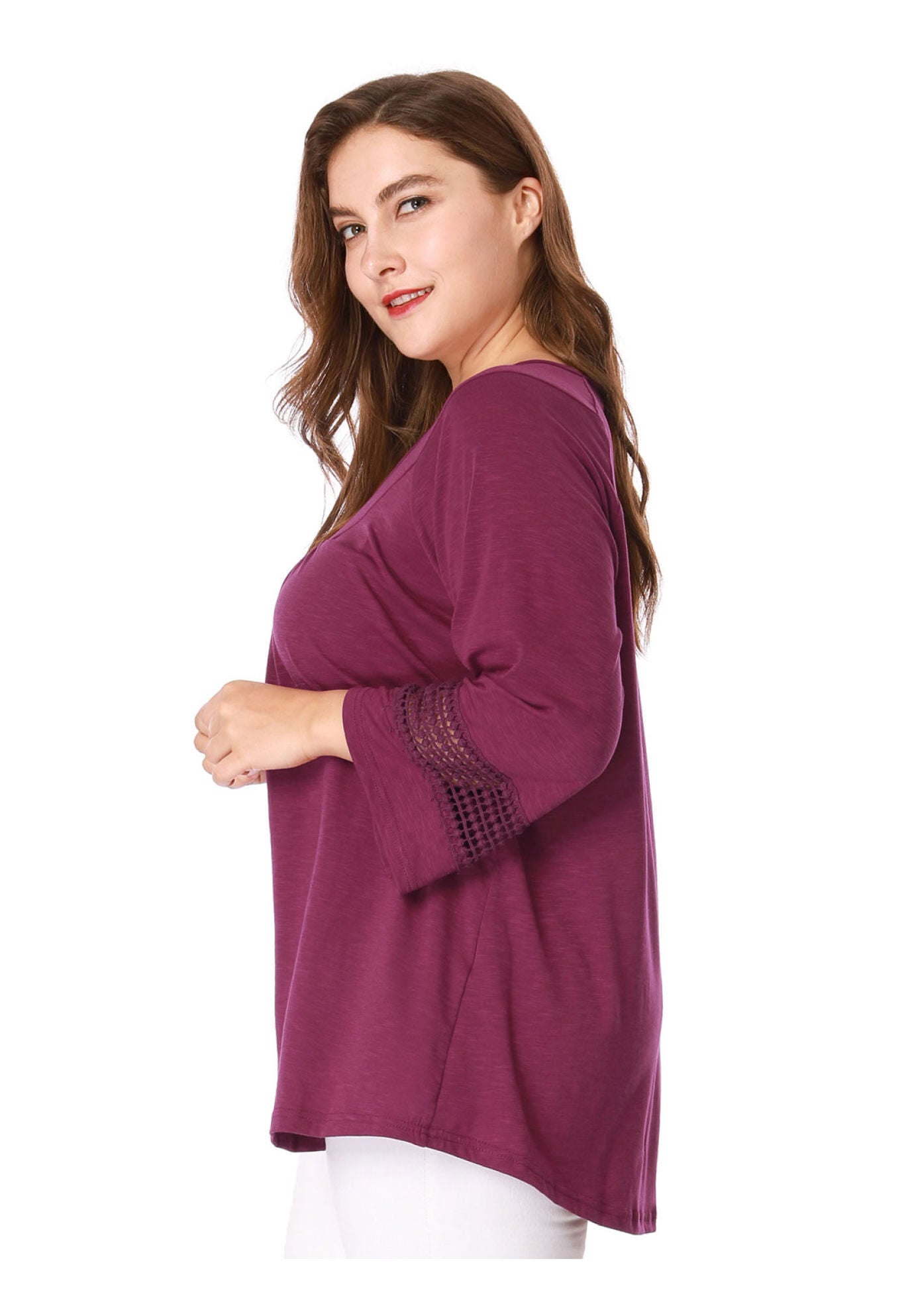CROCHET PANEL HOLLOW OUT PLEATED TUNICS BLOUSE TOP, Purple / Purple, alternate image number 3