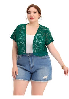 OPEN FRONT SHORT SLEEVE CROCHET LACE CROPPED BOLERO SHRUG CARDIGAN
