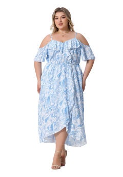 Floral Cold Shoulder Short Sleeve Asymmetrical Ruffle Maxi Dress with Pocket