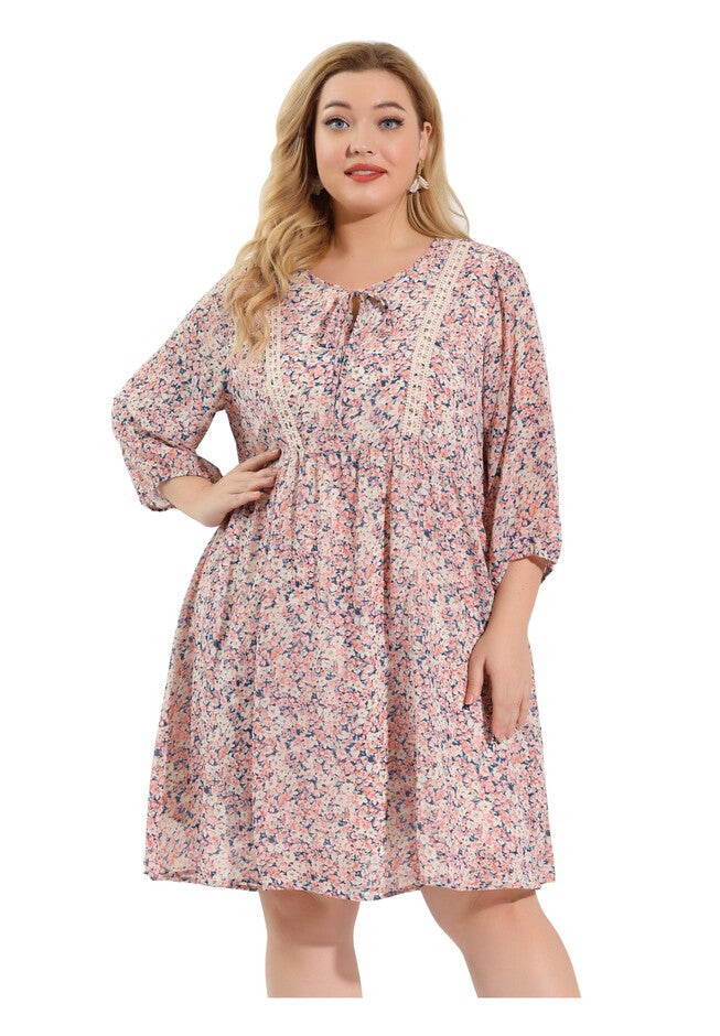 Summer Tie Neck Floral Printed Midi Babydoll Dress, Pink / Pink, alternate image number 3