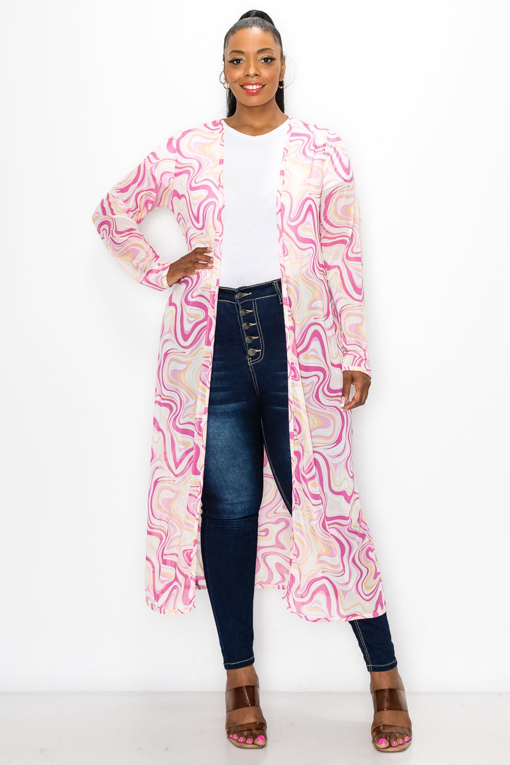 MEGAN SWIRL PRINT MESH CARDIGAN, OrangeMauve / Orange, alternate image number 1