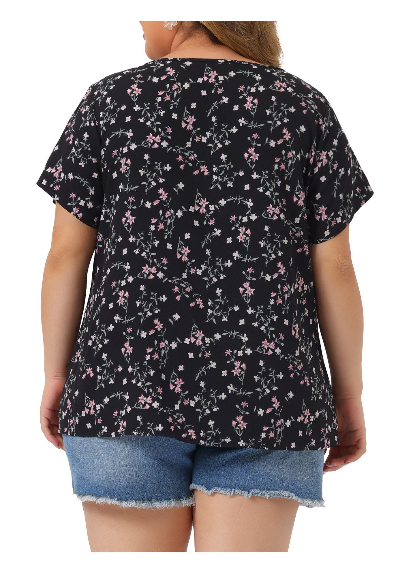 Summer Top Floral Half Placket Short Sleeve Casual Blouse, Black / Black, alternate image number 3