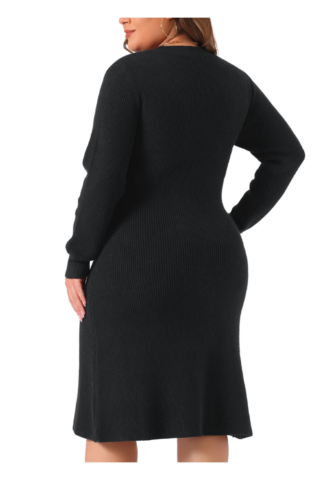 Crew Neck Long Sleeve Knit Pullover Sweater Dress, Black / Black, alternate image number 3