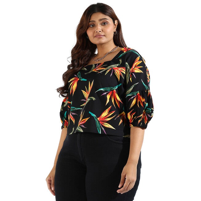 Women Tropical Design Casual Top, Black / Black, alternate image number 2