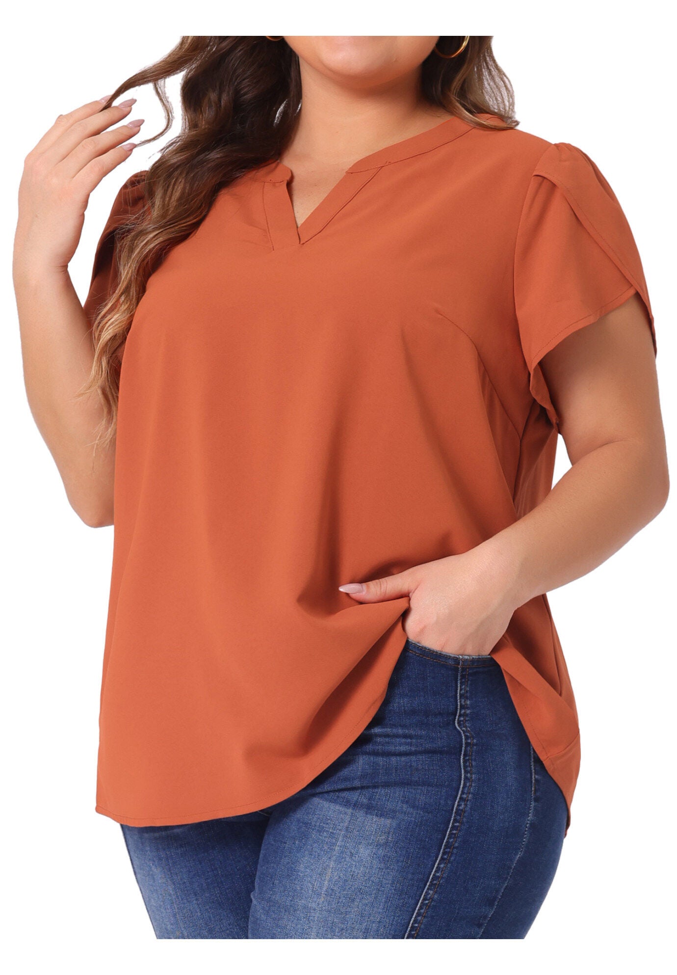 Notched V Neck Short Petal Sleeve Shirt Top, Caramel / Burnt Orange, alternate image number 3
