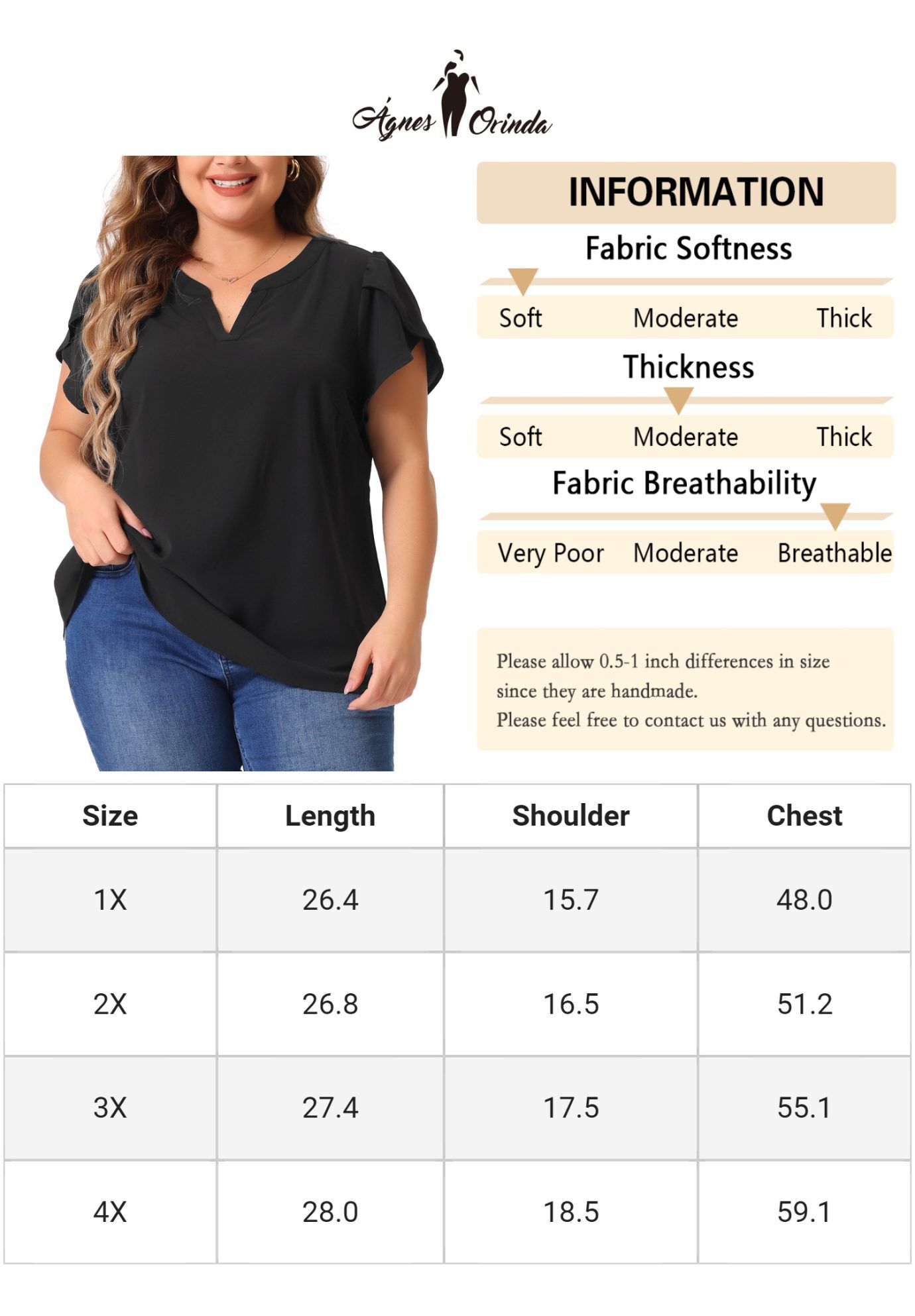 Notched V Neck Short Petal Sleeve Shirt Top, Black / Black, alternate image number 4