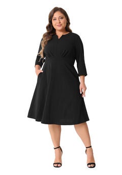 Notched V Neck 3/4 Sleeve A-Line Midi Dress