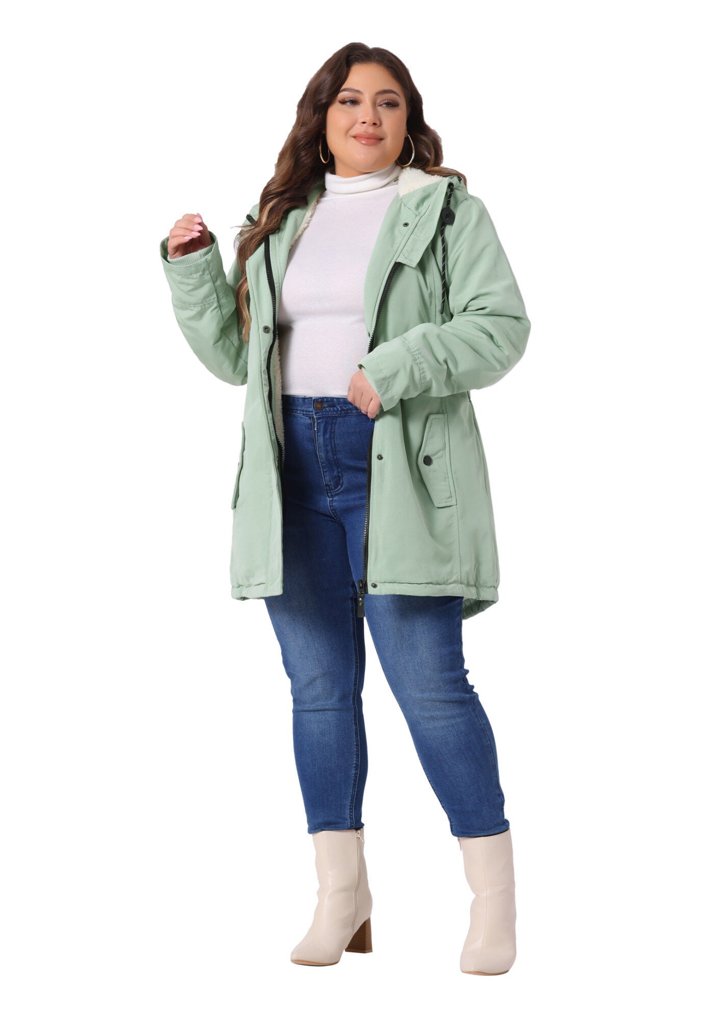Faux Lamb Fur Leather Button Down Hoodie Parka Coat, Green / Light Green, hi-res image number 0