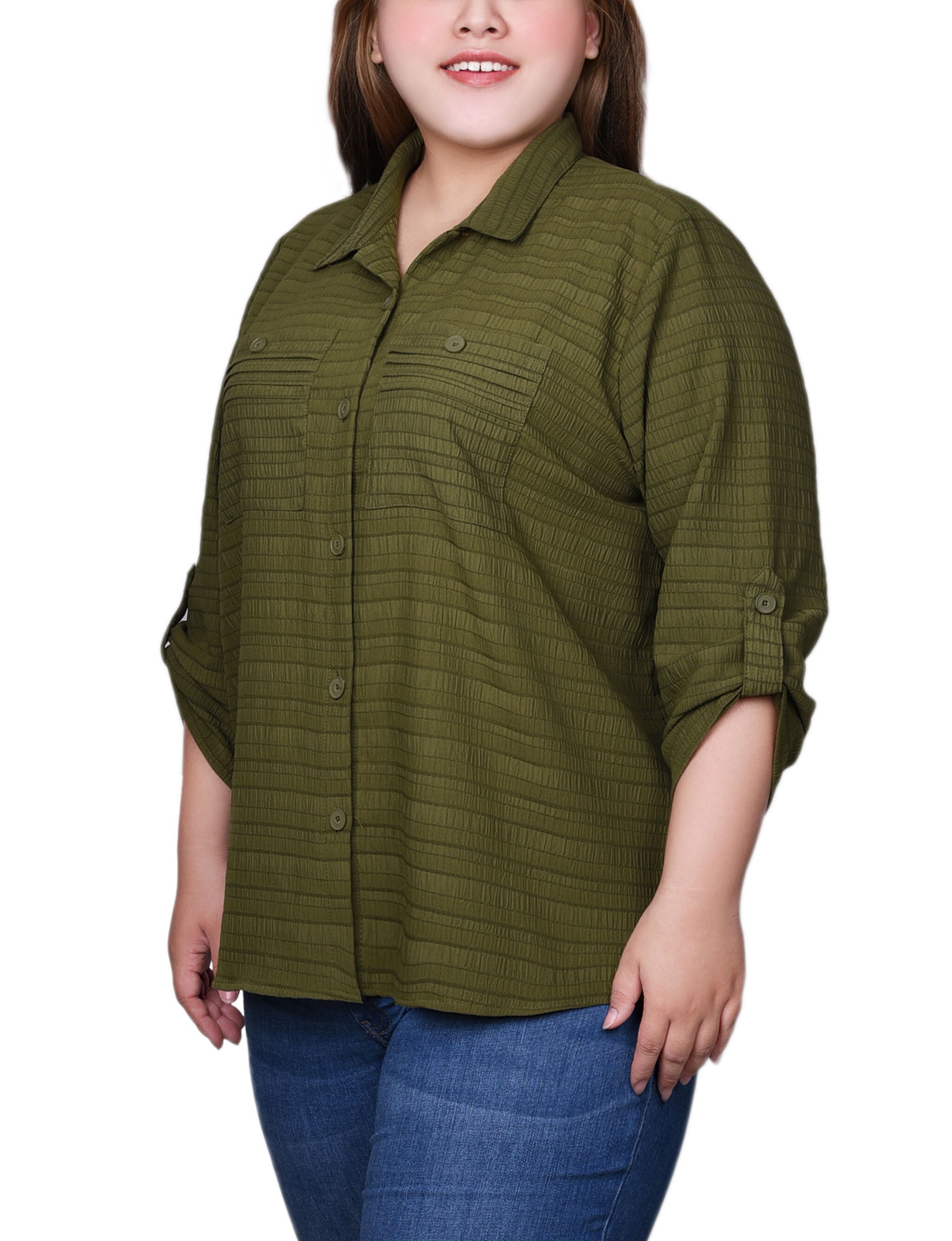 3/4 Sleeve Woven Jacquard Blouse, Olive, alternate image number 2