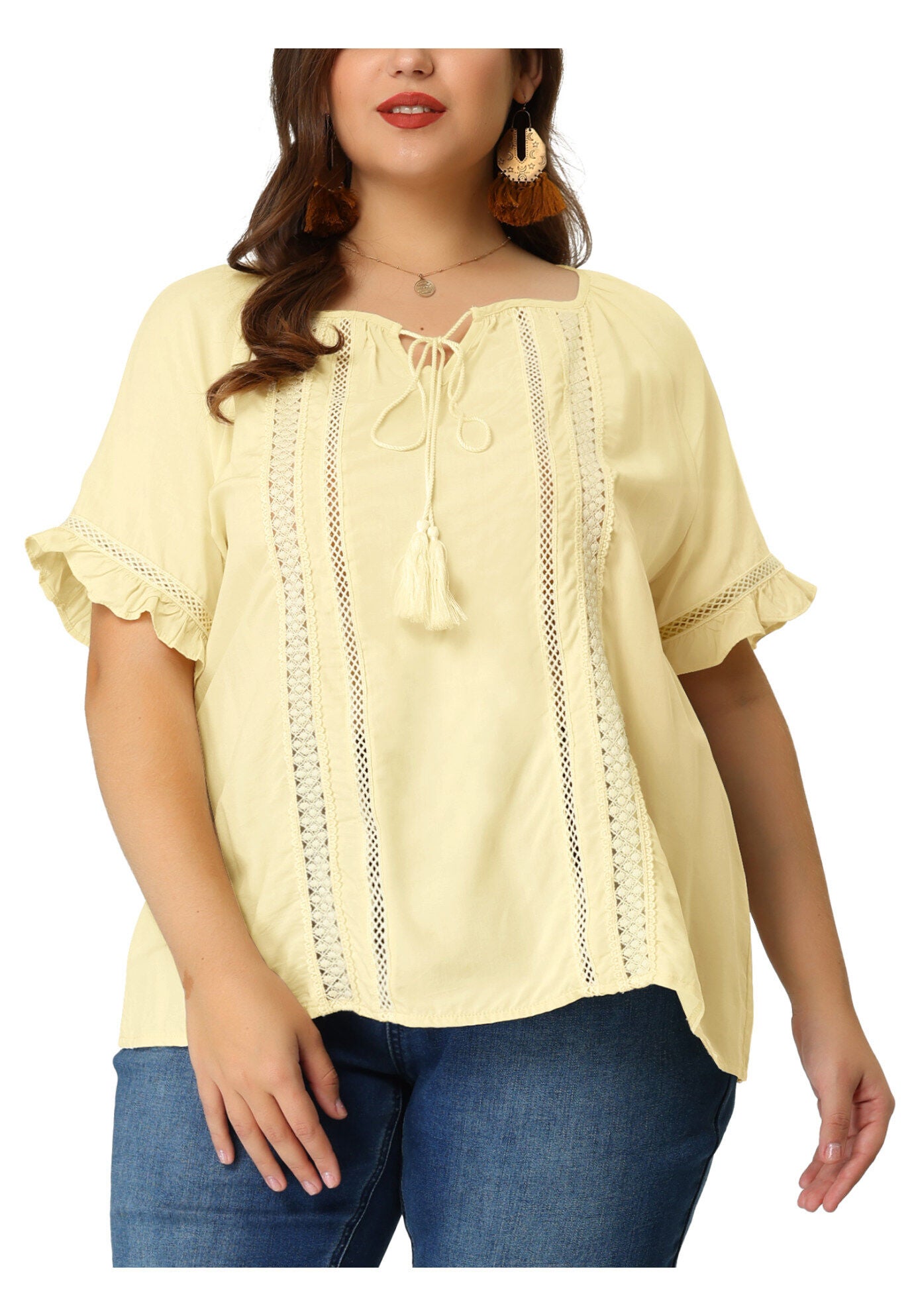 TIE NECK RUFFLE SHORT SLEEVE LACE CROCHET BLOUSE TOP, Yellow Cream / Cream, alternate image number 1